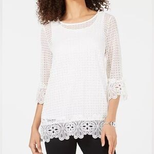 ALFANI White Lace Top with Flowered Lace Bell Sleeves, Size  XL
